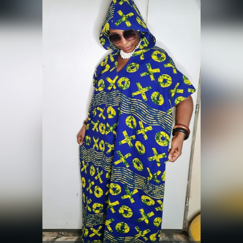 Vibrant Blue and Yellow Maxi Caftan Hoodie Dress